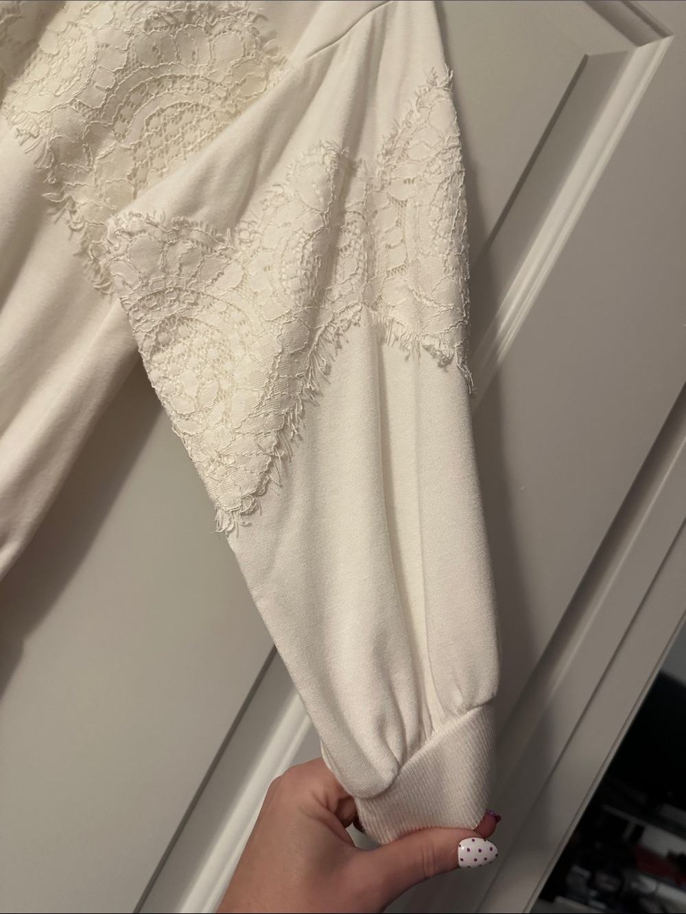 Express Cream Lace Accent Puff Sleeve Blouse - Picture 2 of 4